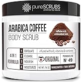 pureSCRUBS Premium Organic Arabica Coffee Body Scrub Set - ORIGINAL BLEND Large 16oz Anti Cellulite Scrub Essential Oils & Nutrients + FREE Wooden Spoon, Loofah & Mini Organic Exfoliating Bar Soap