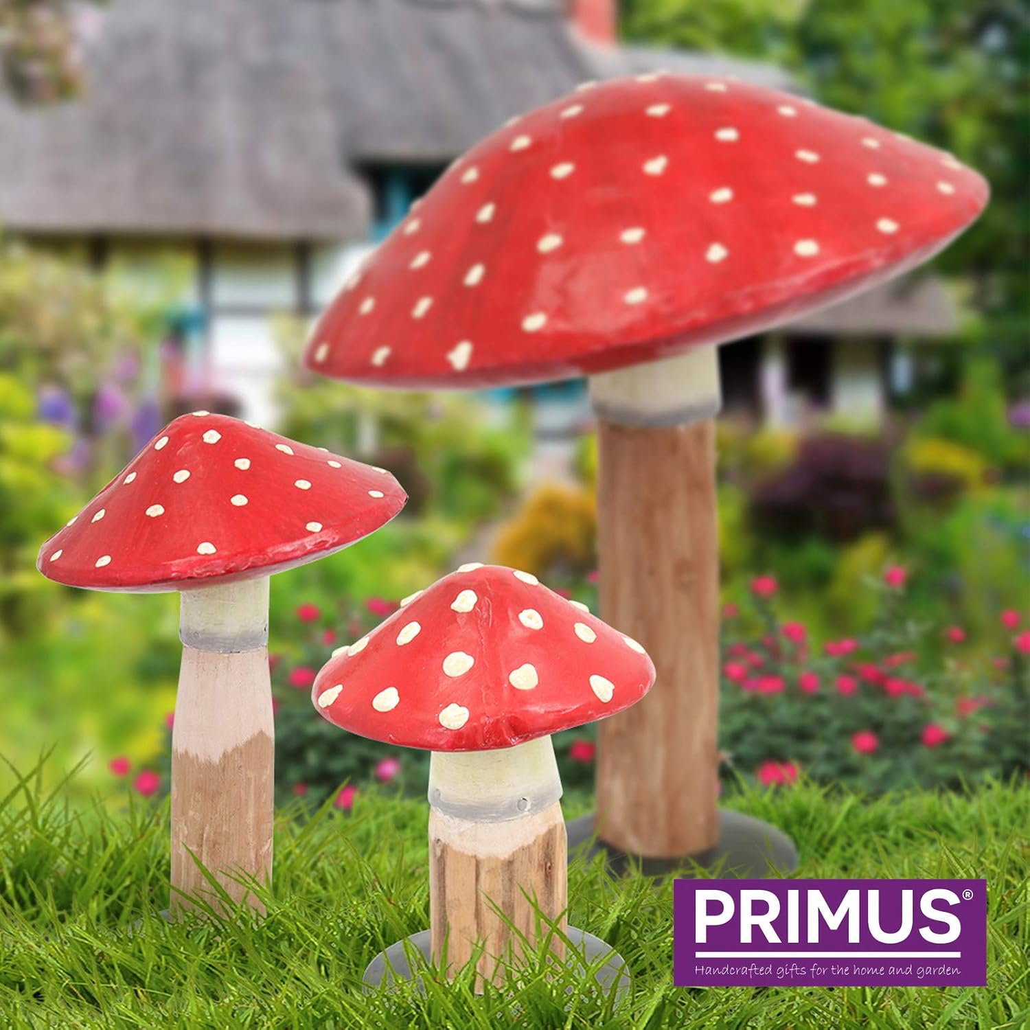 Primus Metal & Wood Hand Painted Set of 3 Toadstool Garden Ornaments