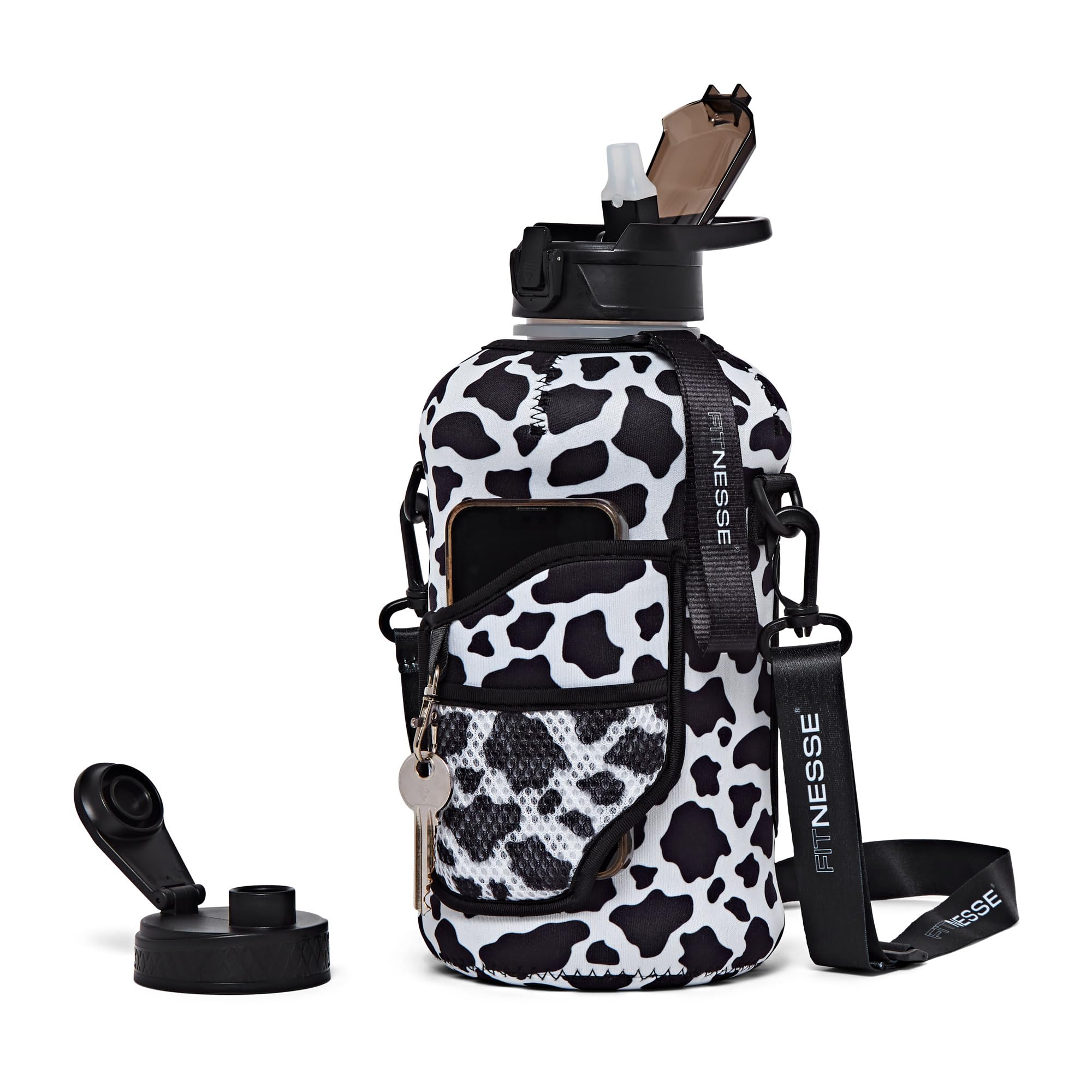 Fitnesse 2.2L Water Bottle with Straw and Covered Lid – Phone & Key Storage - Drop proof - Leak Proof - Shoulder Strap and Handle – Large Gym Water Bottle – BPA Free – Cow Print — image 1