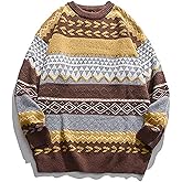PEHMEA Men's Vintage Striped Sweater Oversized Knitted Pullover Crewneck Long Sleeve Colorblock Jumper Tops