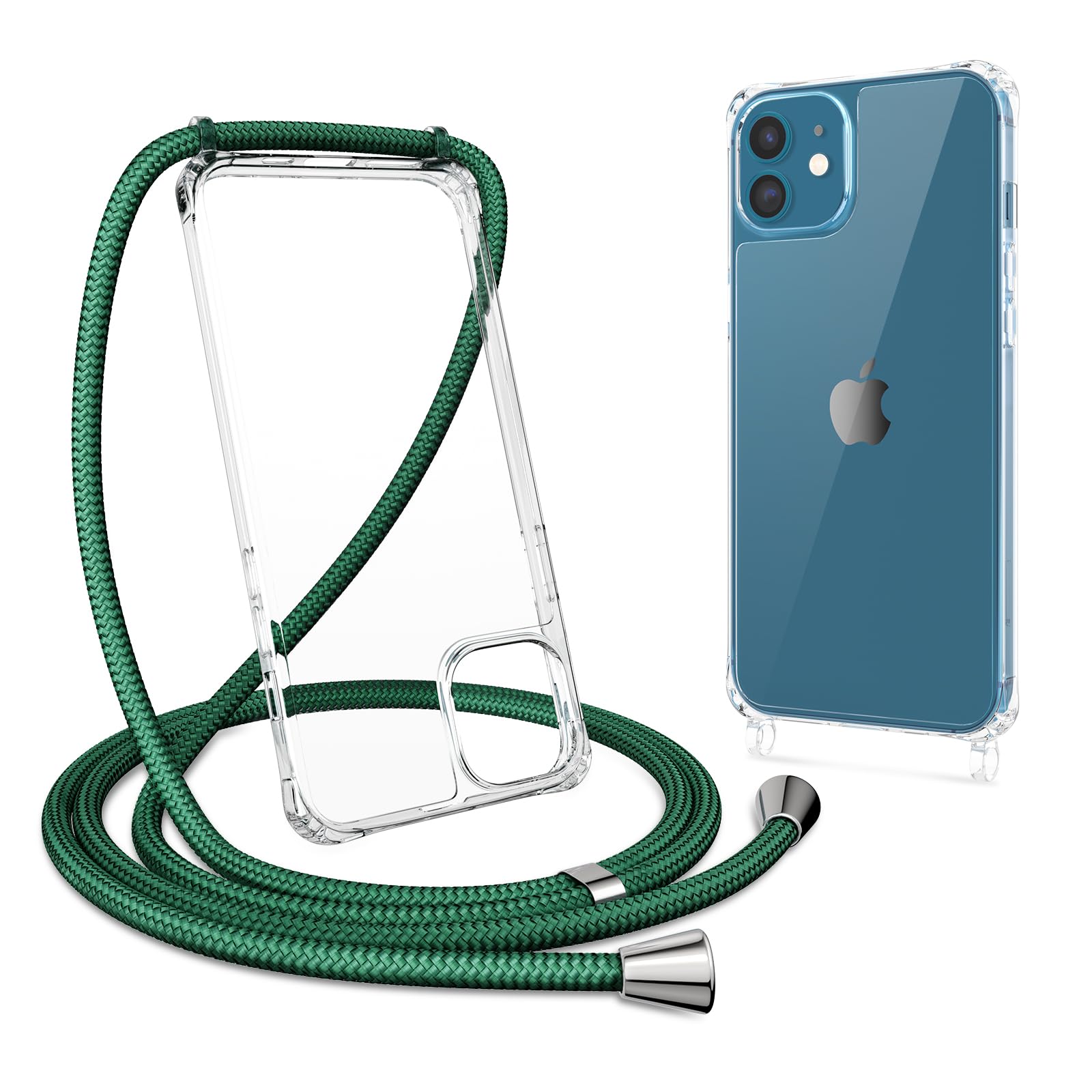 ZTOFERA Crossbody Lanyard Case for iPhone 12 / iPhone 12 Pro (6.1"), Ultra Clear Hard Back with Soft Bumper Protective Phone Case with Strap Adjustable Neck Cord Necklace Shockproof Cover, Dark Green