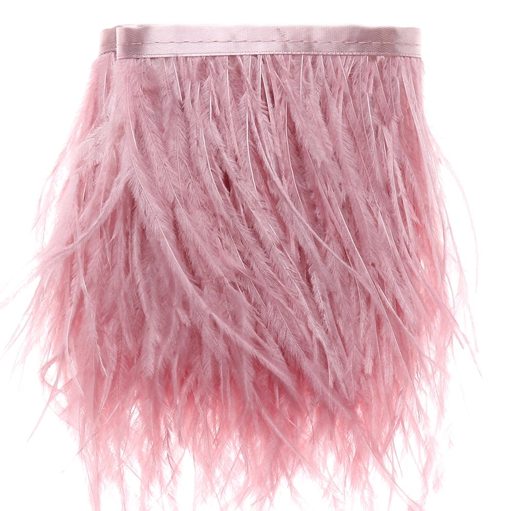 2 Yards Ostrich Feathers Fringe Trims - for Dress Sewing Crafts Costumes Decoration (Leather Pink)