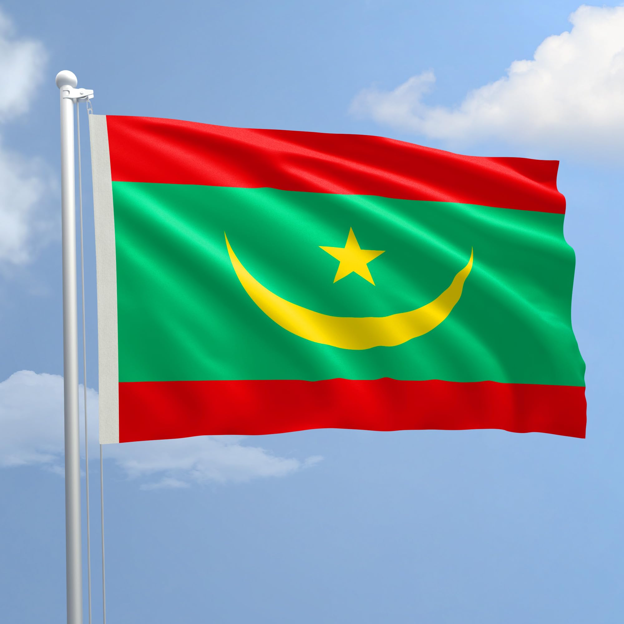 Flag Mauritania 150 x 220 cm in nautical polyester 115 g/m² with double perimeter fold, rope and sheath. FLAME RETARDANT B1 treatment suitable both IN/OUT DOOR - MADE IN ITALY