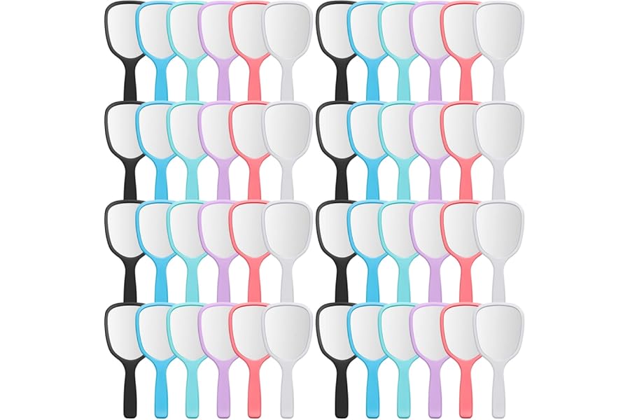 Vinsot 50 Pcs Handheld Mirror Bulk Small Hand Mirrors with Handle Plastic Portable Daily Makeup Tools for Home Travel Camping Daily, 3.15 Inch Wide, 7.09 Inch Long (6 Colors)