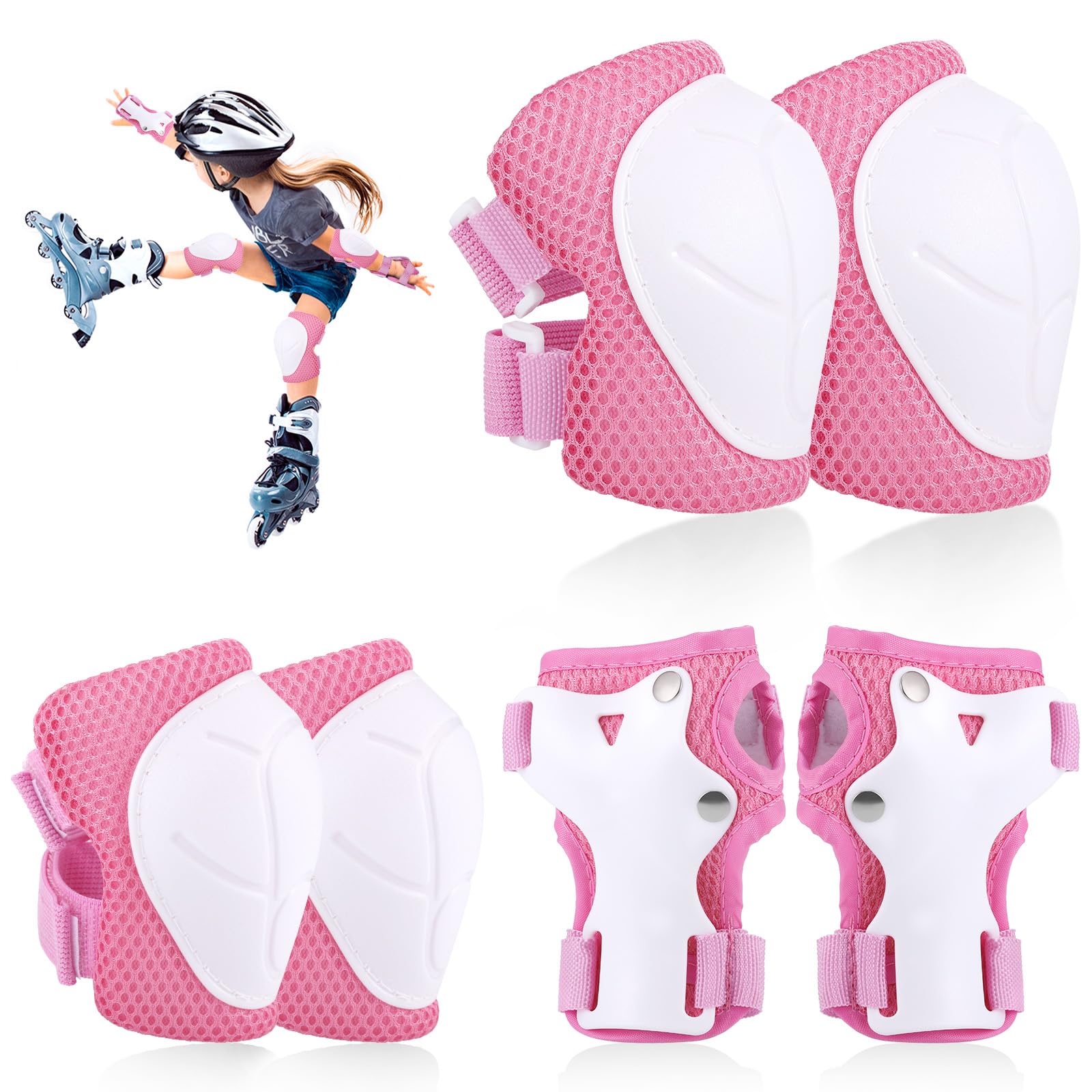 Hejo 6 Pcs Kids knee Pads Elbow Pads, Breathable Guards Protective Gear Set from PE for Children Youth ,With Wrist Pads, for Skating, Scooter, Skateboard, Bike (Pink)