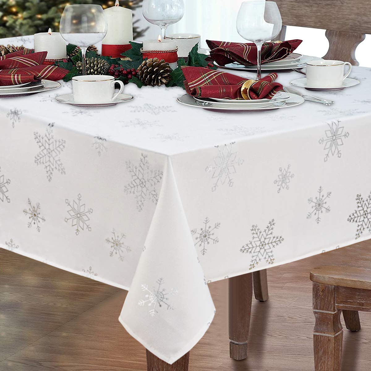 Alishomtll Christmas Tablecloth Table Cover Waterproof Table Cloth Rectangular Wipe Clean, Silver Snowflake Xmas Washable Tablecloth for Holiday Dinner Kitchen Party New Year, 57x120in/146x305cm