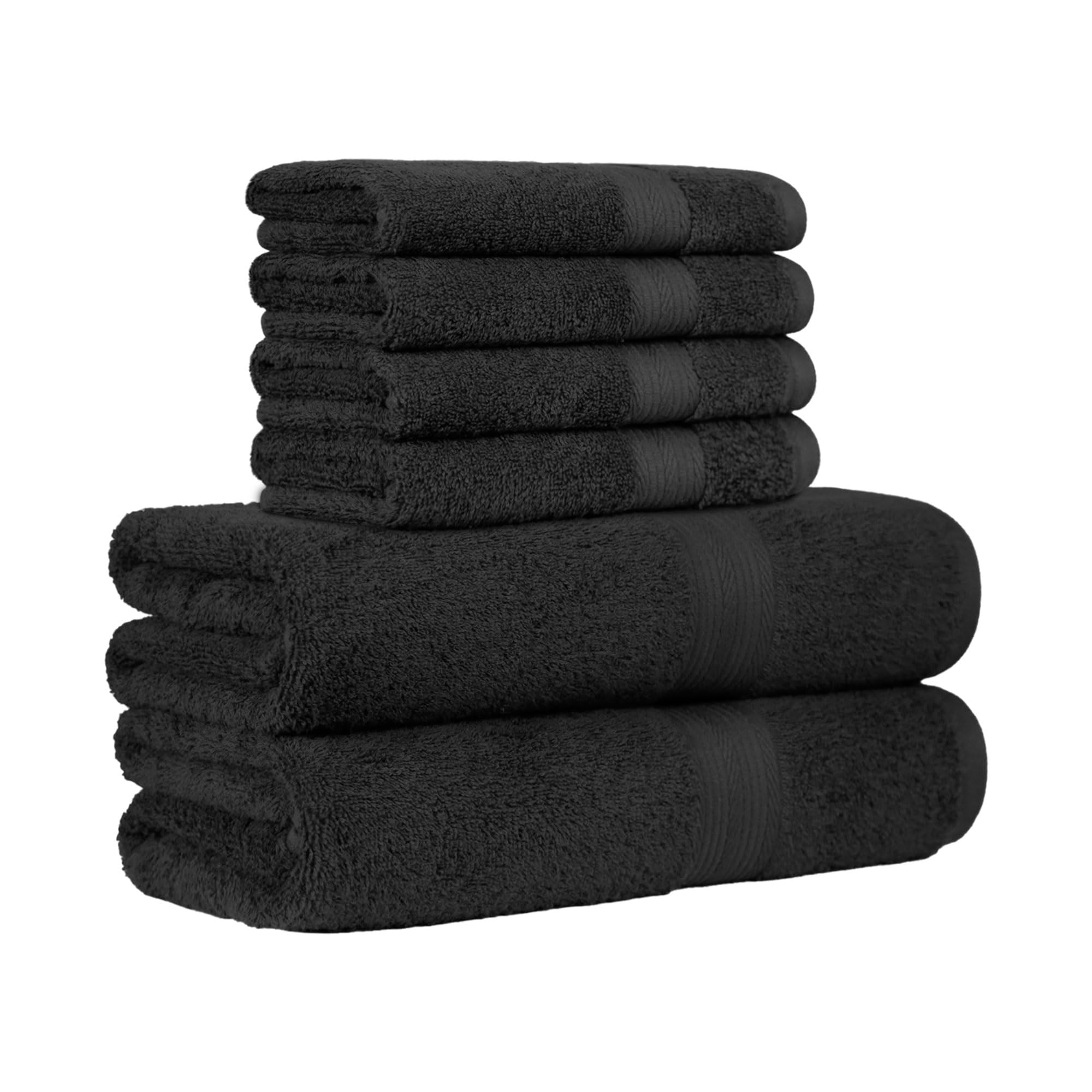 Amazon Basics 6-Piece Fade Resistant Towel Set for Bathroom, 100% Cotton Soft and Absorbent, 2 Bath + 4 Hand Towels, Black