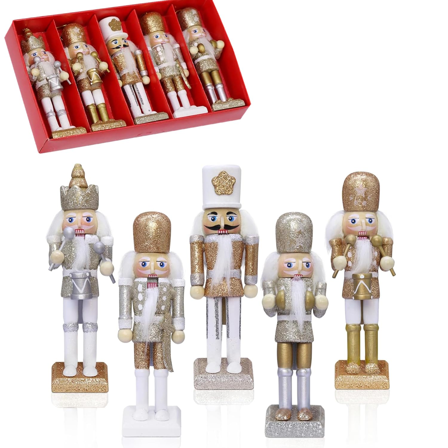 5 P Christmas Wooden Nutcracker Soldiers,12cm Gold Silver Nutcracker King Ornaments,Pine Wood Hanging Nutcracker Christmas Decor for Home Fireplace Xmas Mini Figures Puppet Soldiers Doll Gifts Toy