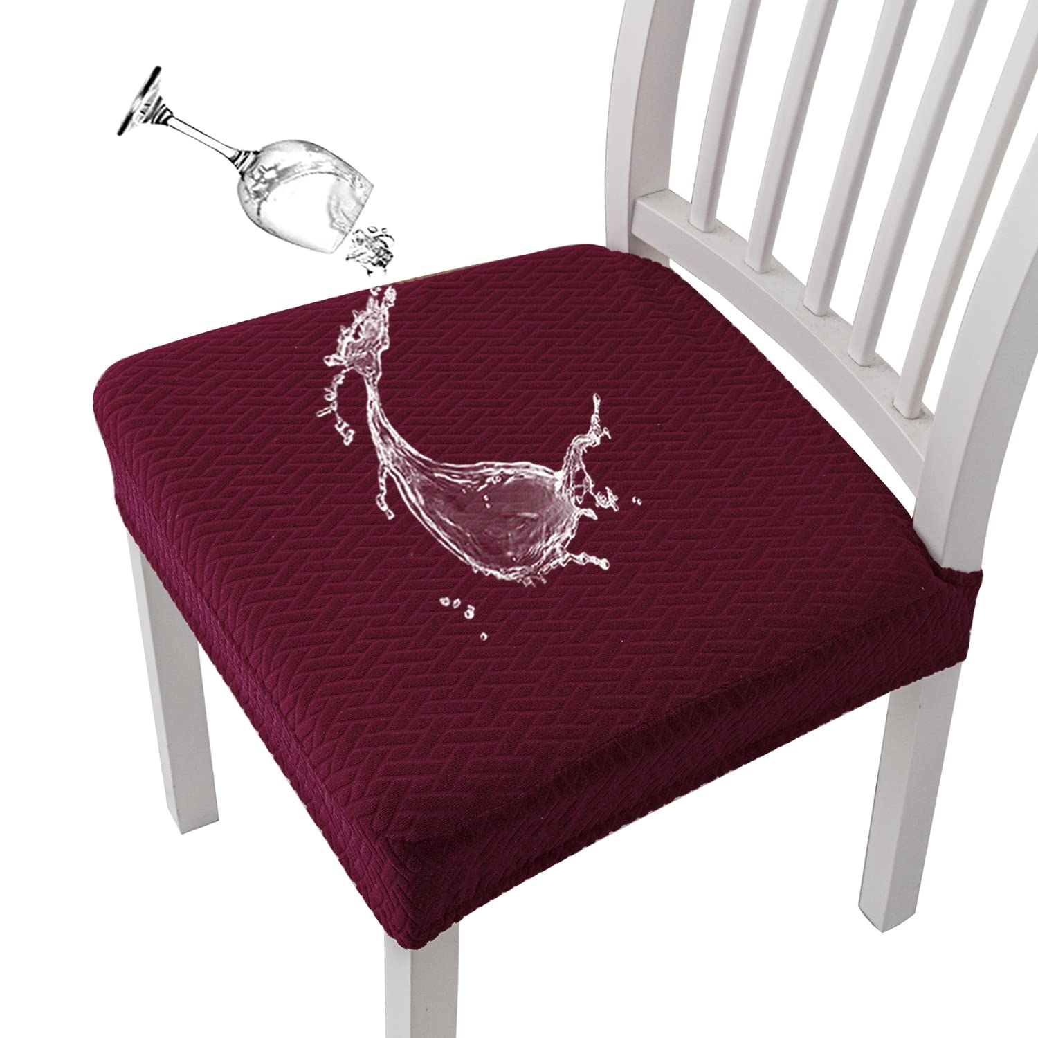 KELUINA Stretch Lattice Jacquard Waterproof Chair Seat Covers for Dining Room 1/2/4/6 PCS Chairs Covers Dining Chair Covers Kitchen Chair Covers (Wine Red,4 Pcs)