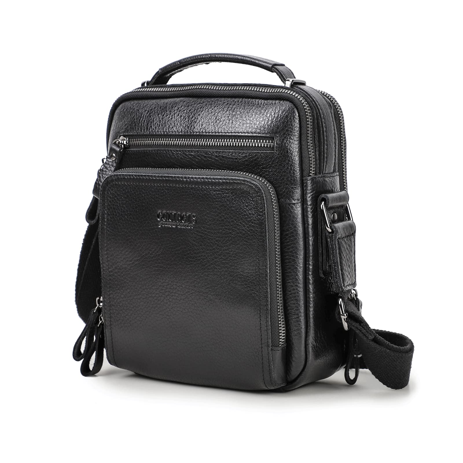 Shoulder Bag Mens Genuine Leather 7.9'' Mini Laptop Bag Tote Travel Small Crossbody Messenger Bag Multifunction Office Handbag(Black)