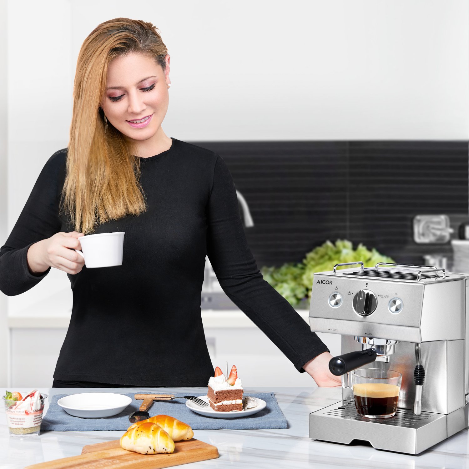 Boquilla de Espuma de Leche Profesional 2 Tazas Función Todo Acero  Inoxidable \\ Plata 1.5 L Tanque de Agua Calentamiento Rápido Cafetera  Cappuccino y Latte Aicok Cafetera Espresso 15 Bares Café y