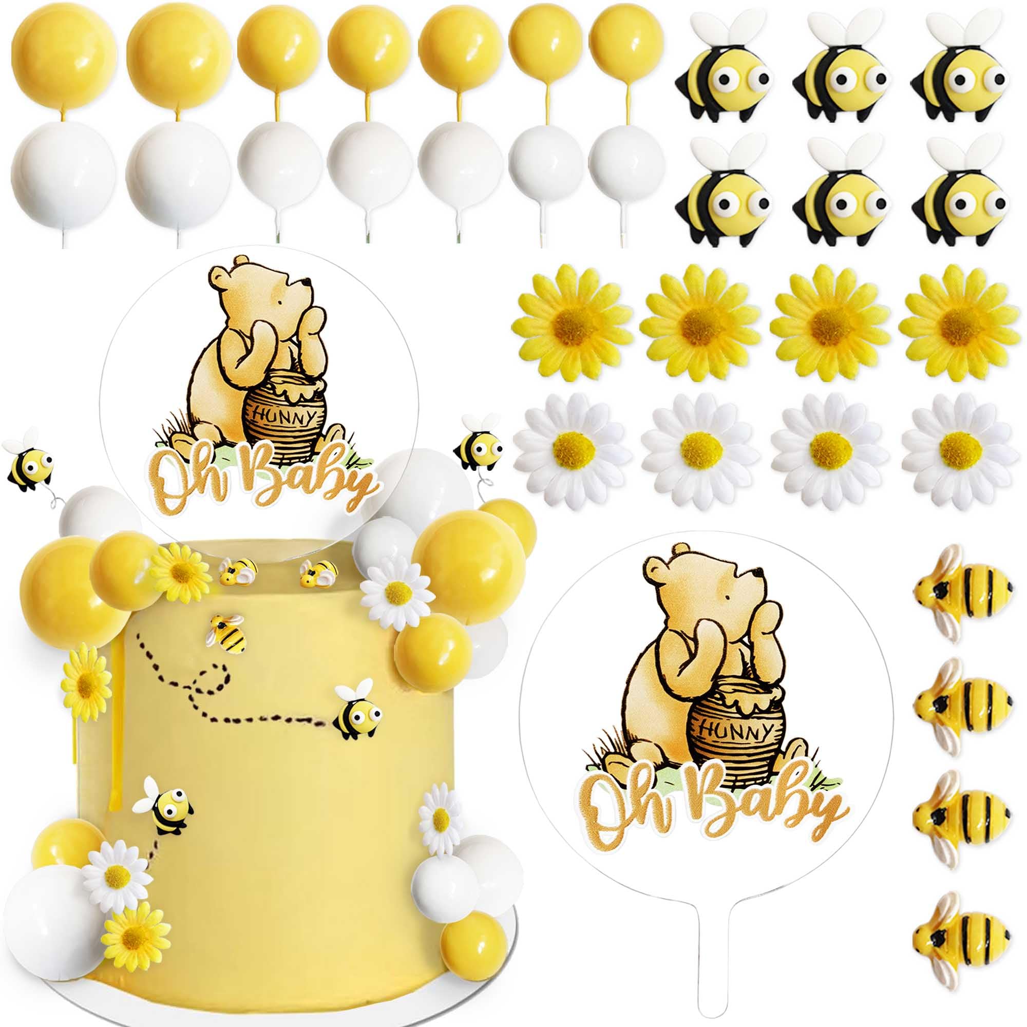 Photo 1 of Bttwkco® Winnie Baby Shower Cake Decorations Party supplies, First Birthday Classic Pooh Acrylic Cake Topper Bees & Flowers