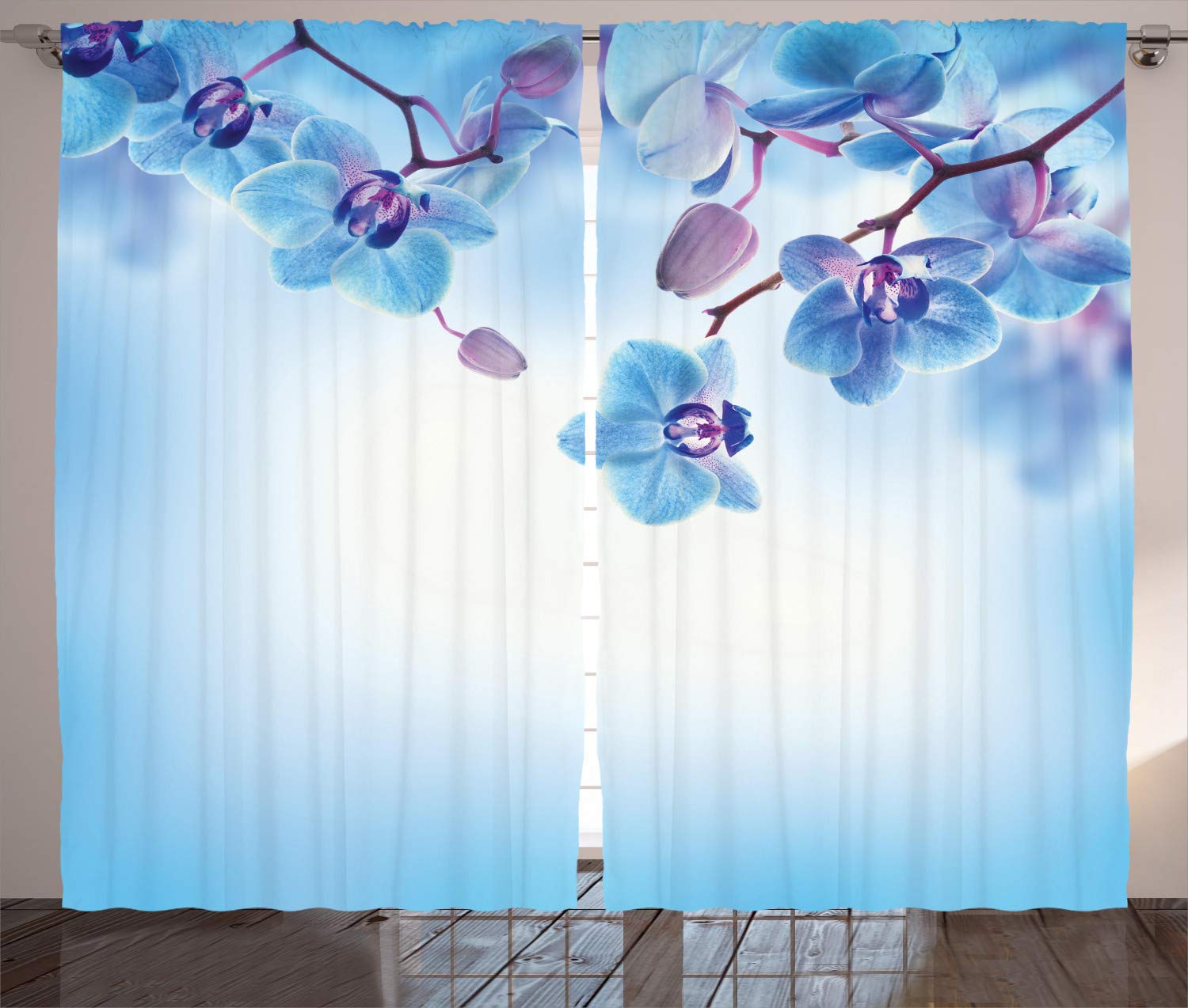 ABAKUHAUS Flower Curtains, Orchids Natural Flowers Reflections on the Water for Spring Calming Art, Living Room Bedroom Window Drapes 2 Panel Set, 89 L X 110 W, Blue and Purple