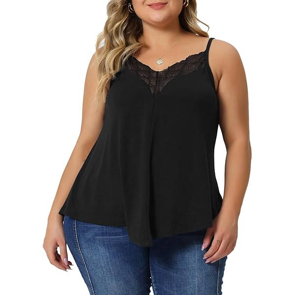 Milumia Women's Plus Size Lace Trim Cami Top - V Neck Spaghetti Strap Tank Tops