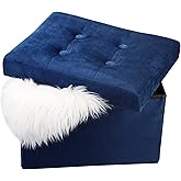 LINMAGCO Small Velvet Ottoman with Storage Rectangle Foot Rest Under Desk Stool for Room Folding Ottoman Furniture with Button turfted-Navy 16X12X12IN