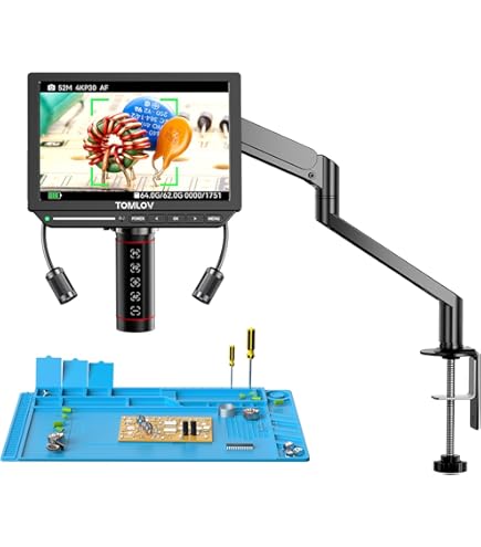 Opqpq Microscopio Digital 4K Auto-Focus, Microscopio HDMI Para Soldadura De 10" Con Estación De Soporte Y Brazo Flexible, Lupa ODM802 Flex Con Luz Anular, Lupa USB
