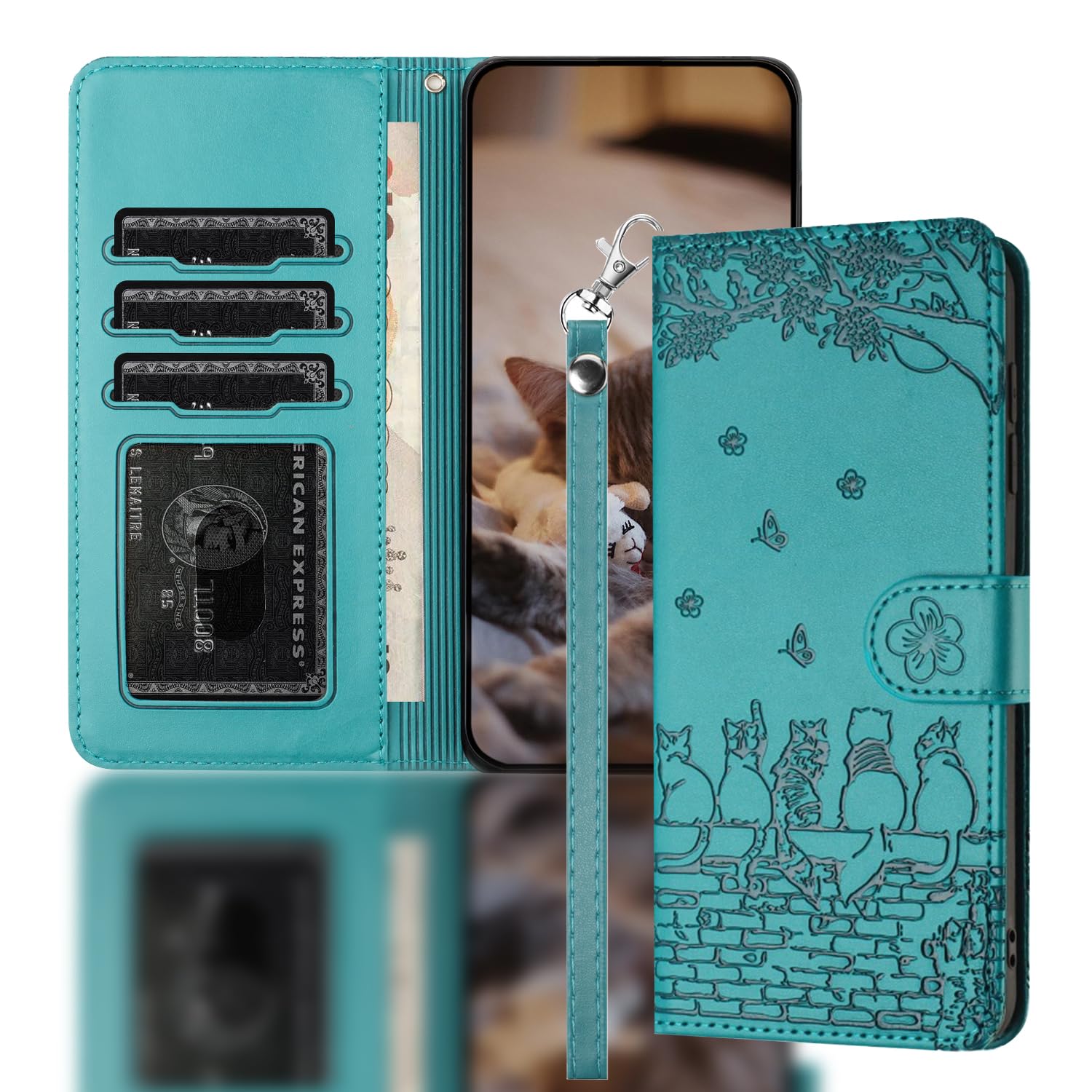 Nokverzy Mobile Phone Case for iPhone se 2022/se 2020/8/7 Flip Case Magnetic Card Holder kickstand Animal Cat Print Patterned Wallet Phone Case Cover for iPhone se 2022/se 2020/8/7 Case Wristlet Blue — image 1