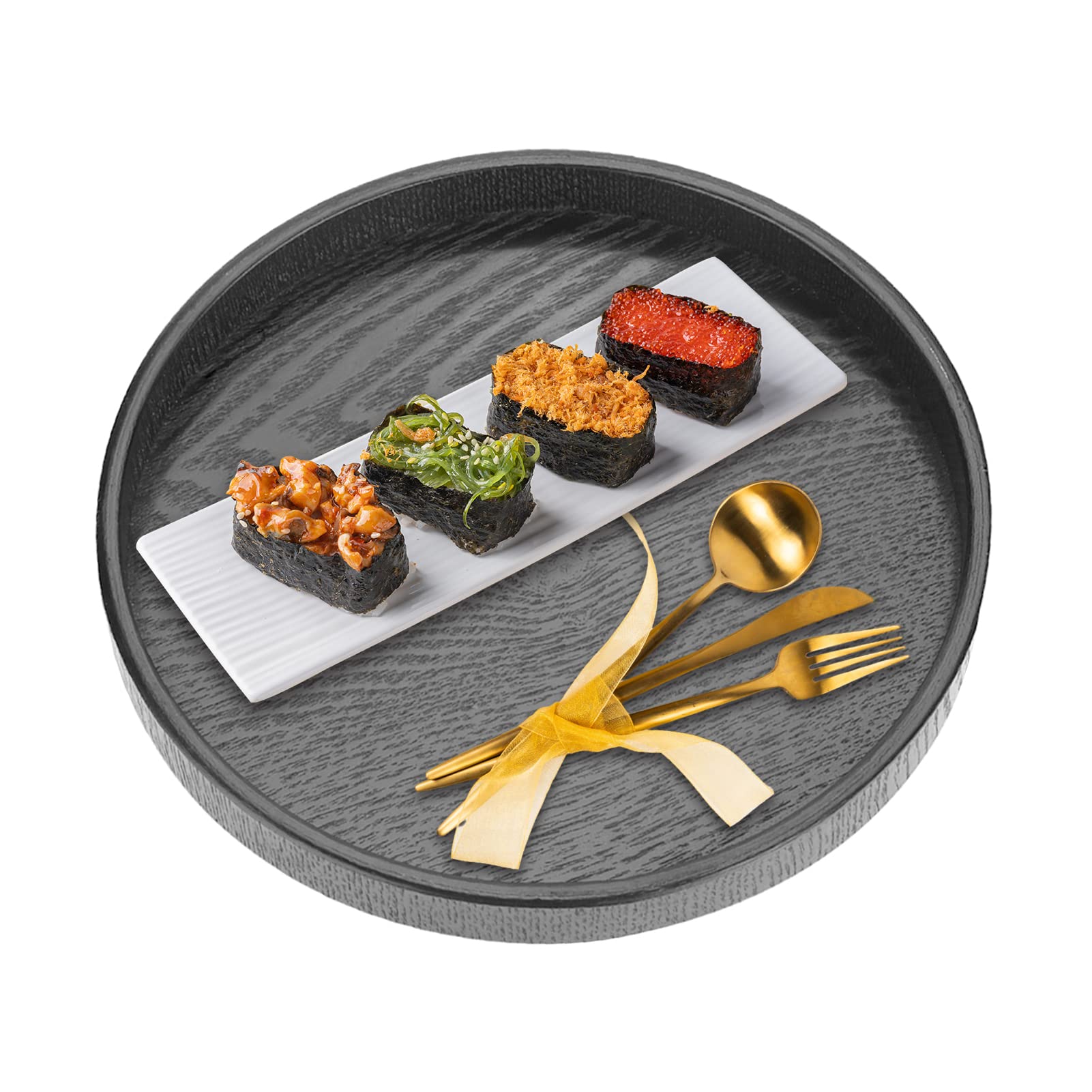 Black Round Tray 30cm 11.81inch Single Round Bar Tray Wooden Coffee Snack Food Meals Transfer Tea Coffee Snack Food Meals Serving Plate for Table Dishes Fruits Breakfast Restaurant Hotel