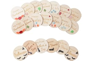 URROMA 20 Pcs Wooden Baby Holiday Milestone Set, Happy Holiday Round Discs Baby Birth Announcement Sign First Holiday Growth Cards Photo Card Props Baby Shower
