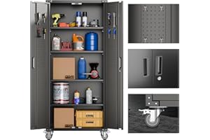 Aobabo 72" H Metal Storage Cabinet with Wheels for Garage, Locking Metal Cabinet with 4 Shelves and 2 Pegboards, Tool Room, Home Office, Black, Assembly Required