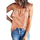 Dokotoo Womens One Shoulder Tops Ruffled Solid Tunic Shirts Sleeveless Loose Tank Top
