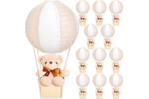 Baquler 12 Sets Baby Shower Hot Air Balloon Table Centerpieces DIY Paper Lanterns Stuffed Plush Bear Wooden Baskets for Wedding Birthday Gender Reveal (Beige White,Mixed Style)