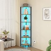 FviMzailon 6-Tier Corner Shelf with LED Lights - 65" Tall Narrow Bookshelf, Standing Shelf with Storage Rack, Sturdy Metal Frame &amp; Waterproof Shelves, Rustic Brown, for Living Room/Bedroom/Bathroom
