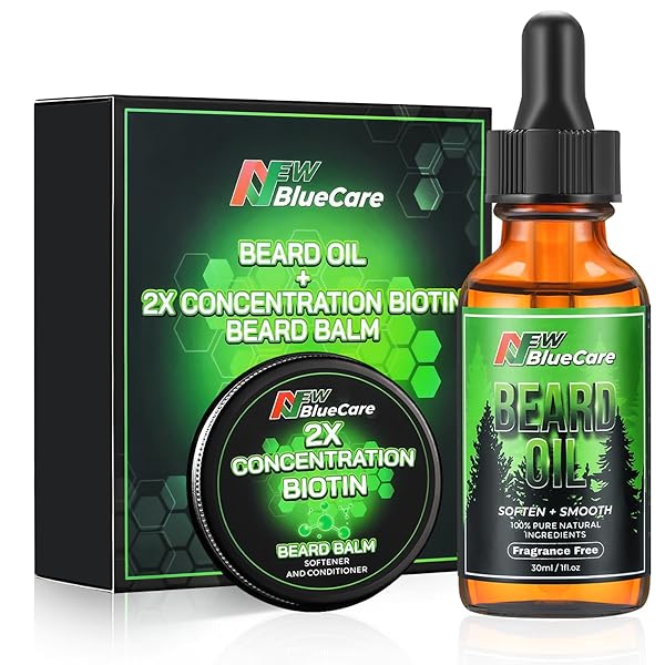 NEWBLUECARE BEARD OIL AND BEARD BALM FOR MEN – BEARD GROWTH KIT FOR BEARD SOFTEN AND MOISTURE – NATURAL & ORGANIC JOJOBA, ARGAN, SHEA BUTTER – BEARD CARE KIT FOR DAD, HUSBAND, BOYFRIEND, GREEN