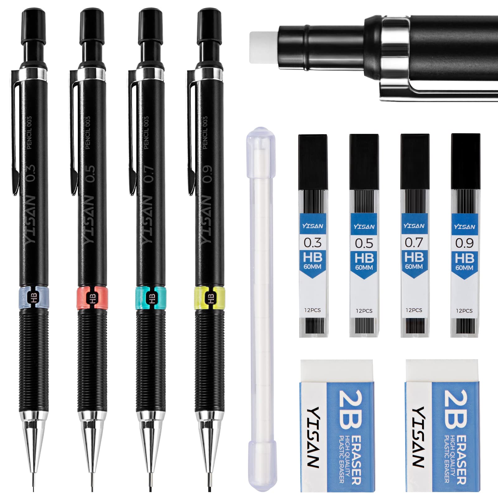 YISAN Mechanical Pencil Set 0.3 & 0.5 & 0.7 & 0.9mm,Automatic Pencil,Lead Pencils 4 PCS with Rubbers and Lead Refills for Writing,Skeching,Drawing,70719