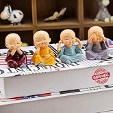 TIED RIBBONS Mini Monk Buddha Statue Set of 4 | See Hear Speak No Evil Baby Monk Figurines | Resin Mini Buddha for Car Dashboard, Zen Desk Decor, Feng Shui, Spiritual Gift, Home