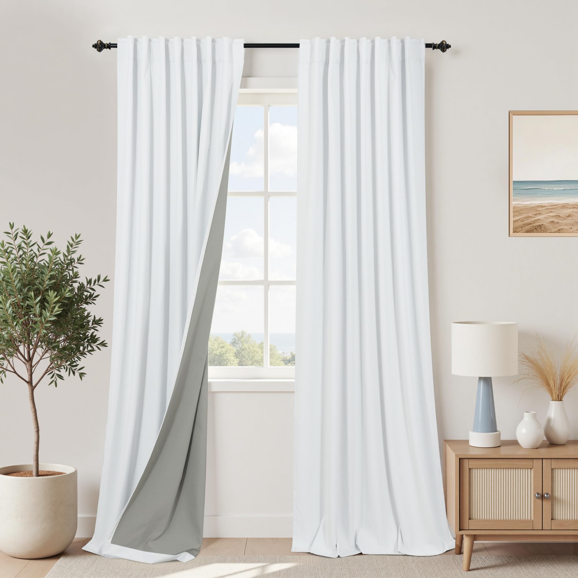 Photo 1 of KOUFALL White Back Tab Linen Blackout Curtains 92 Inches Long