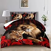 Raphus Cucullatus Lion Print Comforter Set King 3 Piece, Red Black Animal Bedding for Boys, Rose Tropical African 3D Print, Lion King Bed Set