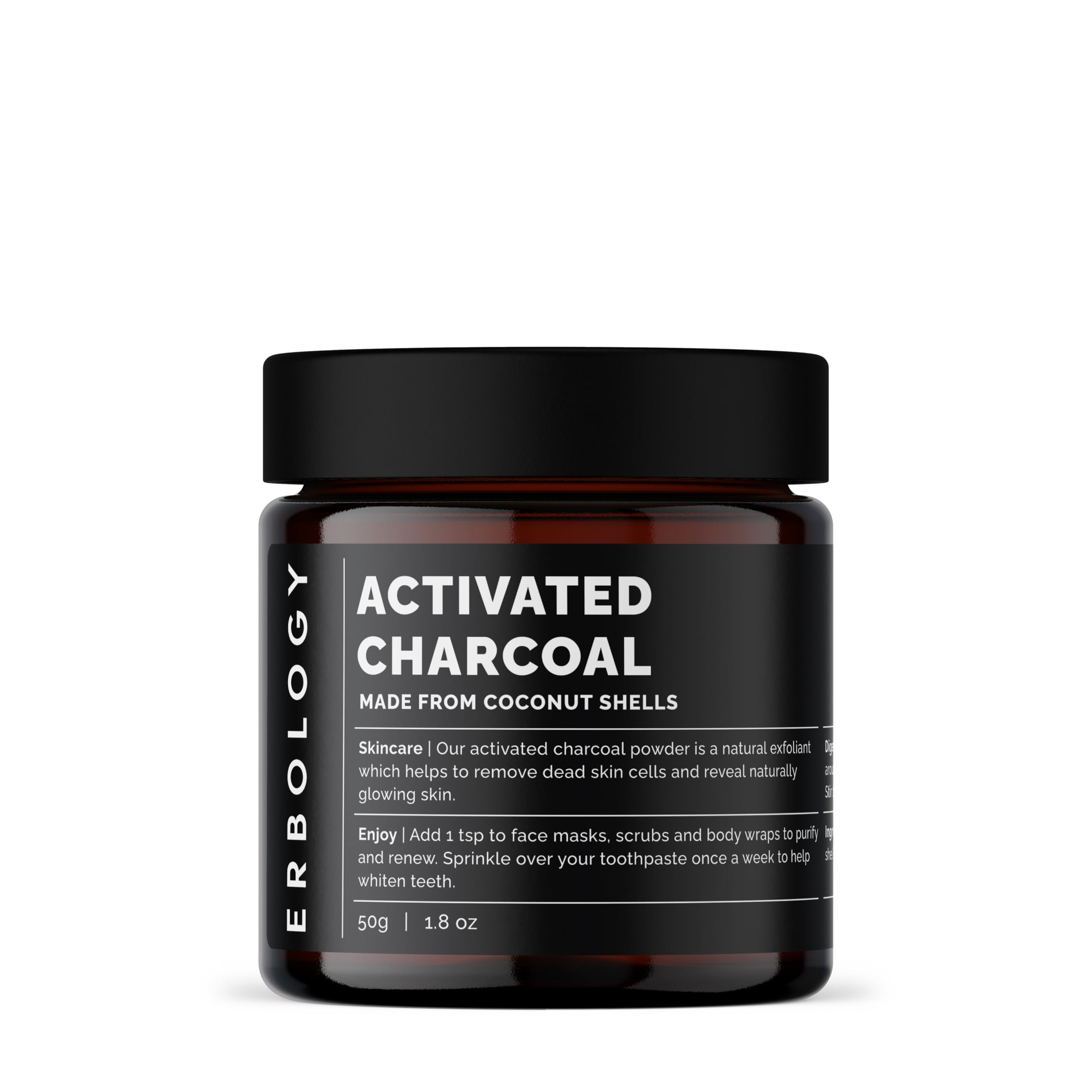 Erbology Activated Charcoal Powder 50g - Teeth Whitening - Add to Face Masks, Toothpaste and Body Wraps for Natural Exfoliation - Natural Digestive Aid - Vegan - Recyclable Glass Jar