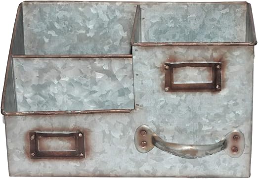 Amazon Com Benzara Amc0016 Three Bin Galvanized Metal Desk Organiser With Attached Label Slots Gray Home Kitchen