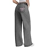 EXARUS Girls Wide Leg/Flare Jeans Bow Embroidery/Leopard Print Denim Pants with Pockets Casual for Kids 6-14Y
