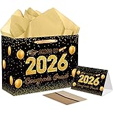 HZRNNA Black and Gold 2026 Graduation Gift Bag, Large Congrats Grad Gift Bag with Card and Tissue Paper, Graduation Gift Wrap Bag for Class of 2026, Congrats Grad Party Decorations