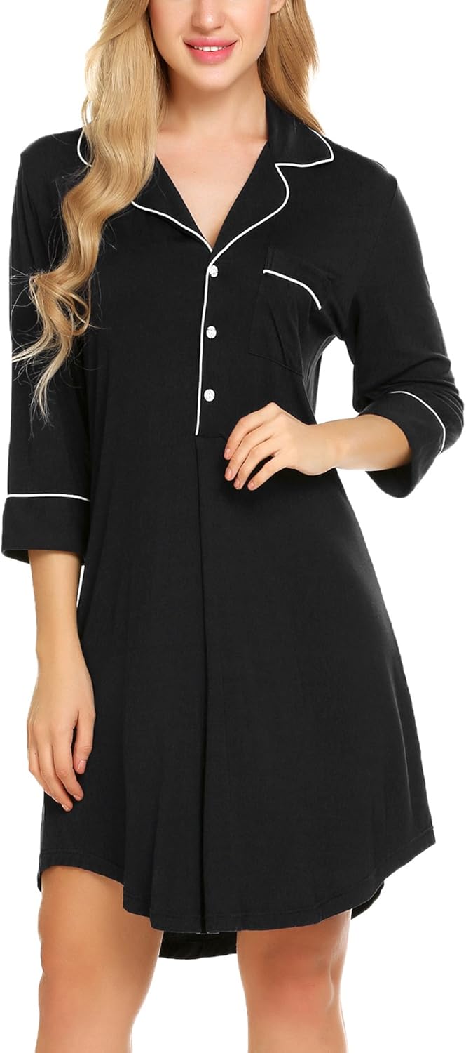 Ekouaer Nightgown Button Down Nightshirt 3/4 Sleeve &Half Sleeve Pajama Top Boyfriend Sleepshirt Nightdress for Women at  Women’s Clothing store