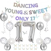 Holkcog 17th Birthday Decorations for Girl, Dancing Yang & Sweet Only Silver 17th Background Banner Balloons Butterfly, Silver 17 Number Balloons, 17 Year Old Party Decorations Supply