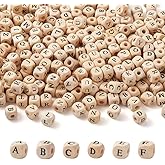 KISSITTY 520pcs/bag Cube Wood Beads with Initial 26 Letters 10mm Natural Square Alphabet Wooden Loose Beads for Jewelry DIY Crafts Making PapayaWhip