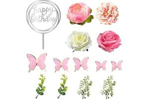 BANBALLON 14 PCS Flower Cake Toppers Butterfly Cake Decorations Happy Birthday Cake Toppers with Artificial Pink Rose Flowers Eucalyptus Butterflies for Birthday Wedding Supplies (Pink)