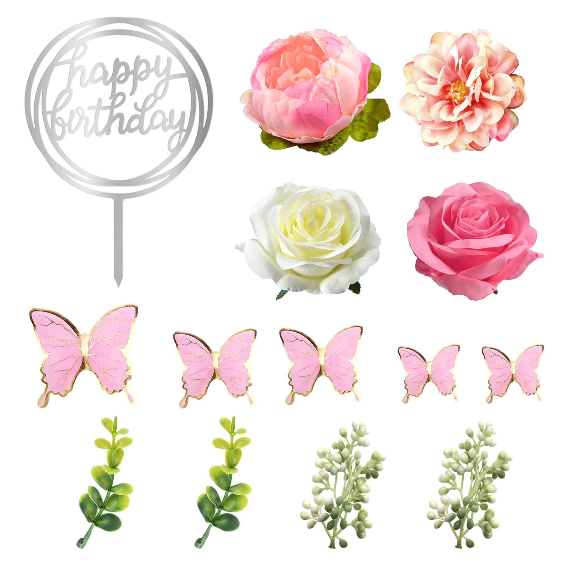 Photo 1 of 14 PCS Flower Cake Toppers Butterfly Cake Decorations Happy Birthday Cake Toppers with Artificial Pink Rose Flowers Eucalyptus Butterflies for Birthday Wedding Supplies (Pink)