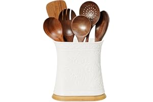 DNANAOL Kitchen Utensil Holder - Relief Ceramic Utensil Holder with Bamboo Wooden Base, Kitchen Utensil Holder for Countertop, Large Cooking Utensil Holder for Kitchen Counter