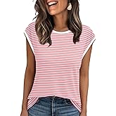 XIEERDUO Womens Tops Dressy Casual Summer Striped Shirts Cap Sleeve Tops Color Block Loose Fit