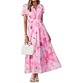 Simplee Women Floral Summer Maxi Dress Boho Flowy Casual Chiffon Short Sleeves V Neck Long Wedding Guest Dresses