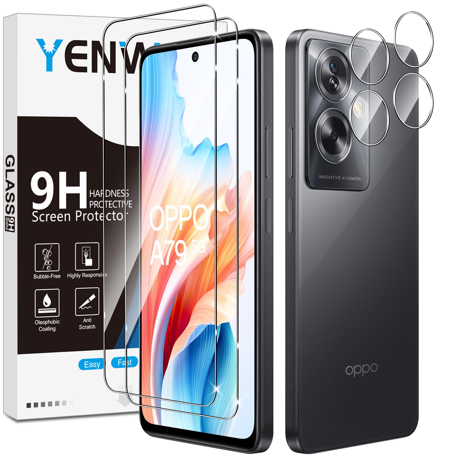 Yenwen Screen Protector for OPPO A79 5G for Tempered Glass, Pack of 2 Tempered Glass Screen Protector with 2 Camera Protection Glass, 9H Hardness Protective Glass, Anti-Scratch Mobile Phone Film, HD