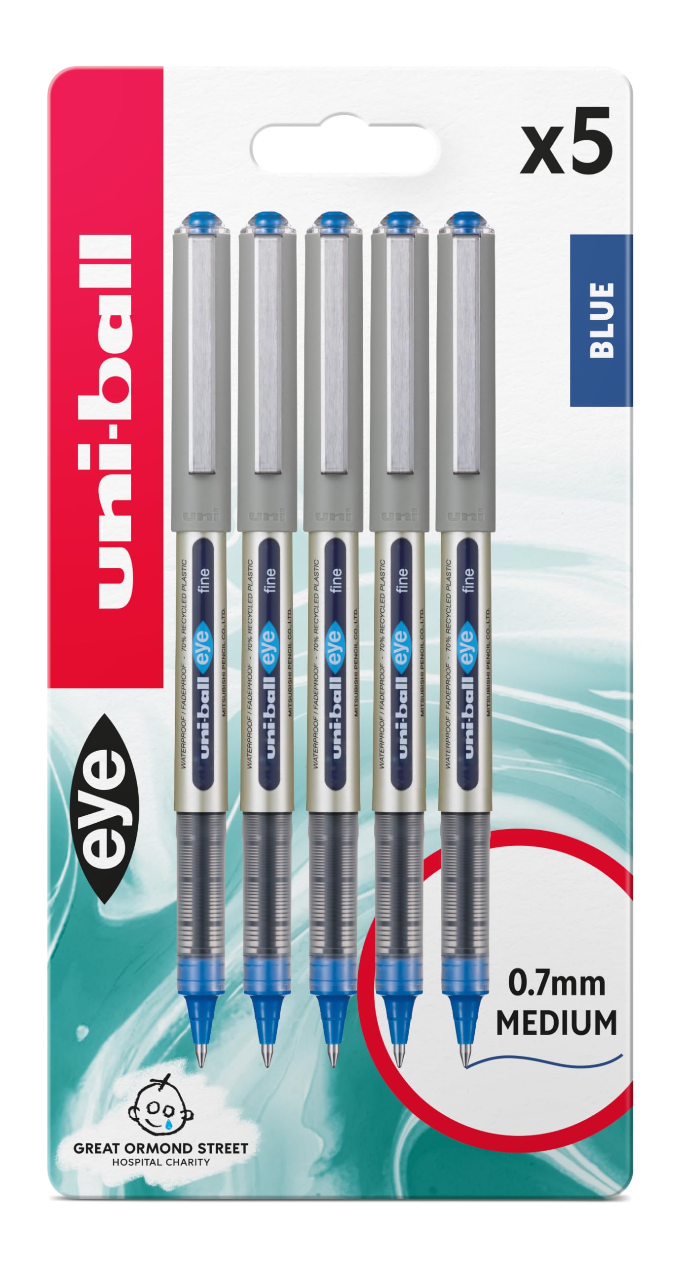 uni-ball UB-157 Eye Rollerball Pens. Premium Fine 0.7mm Ballpoint Tip for Super Smooth Handwriting, Drawing, Art, Crafts and Colouring. Fade and Water Resistant Liquid Uni Super Ink. Pack of 5 Blue
