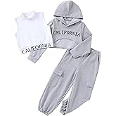 Hihosdor Girls Clothes 3 Piece Outfits Hoodie Pullover Sweatshirts Cool Crop Tank and Sweatpants Set Teen Girls Outfits
