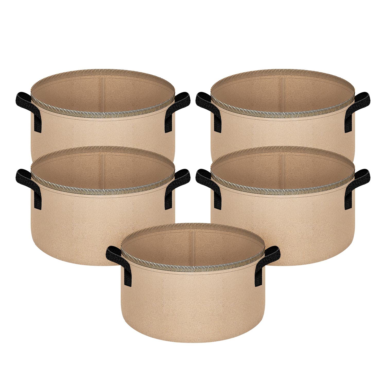 iPower Plant Grow Bag 10-Gallon 5-Pack Heavy Duty Fabric Pots, 300G Thickened Nonwoven Aeration Durable Container, Nylon Strap Handles for Gardening, Planting Tomatoes, Herbs, Flowers, Tan