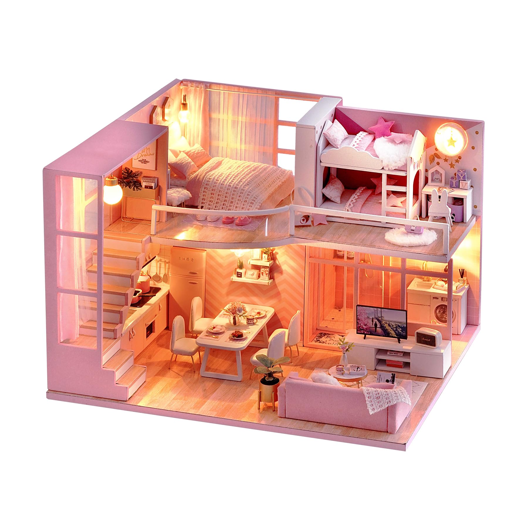 CUTEROOM DIY Miniature Dollhouse Kit with Furniture,Wooden Doll House with Music Movement & LED Lights,DIY House Kit Christmas Birthday Gifts -Dream Angel