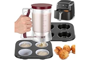 Pancake Batter Dispenser w Muffin Pan, 4-Cup Batter Dispenser with Squeeze Handle & Measuring Marks for Pancakes, Waffles, Mu